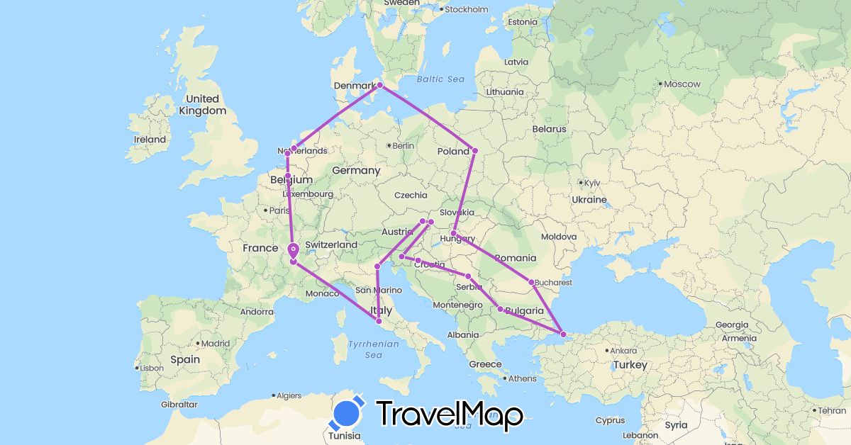 TravelMap itinerary: driving, train in Austria, Belgium, Bulgaria, Denmark, France, Croatia, Hungary, Italy, Netherlands, Poland, Romania, Serbia, Slovenia, Slovakia, Turkey (Asia, Europe)